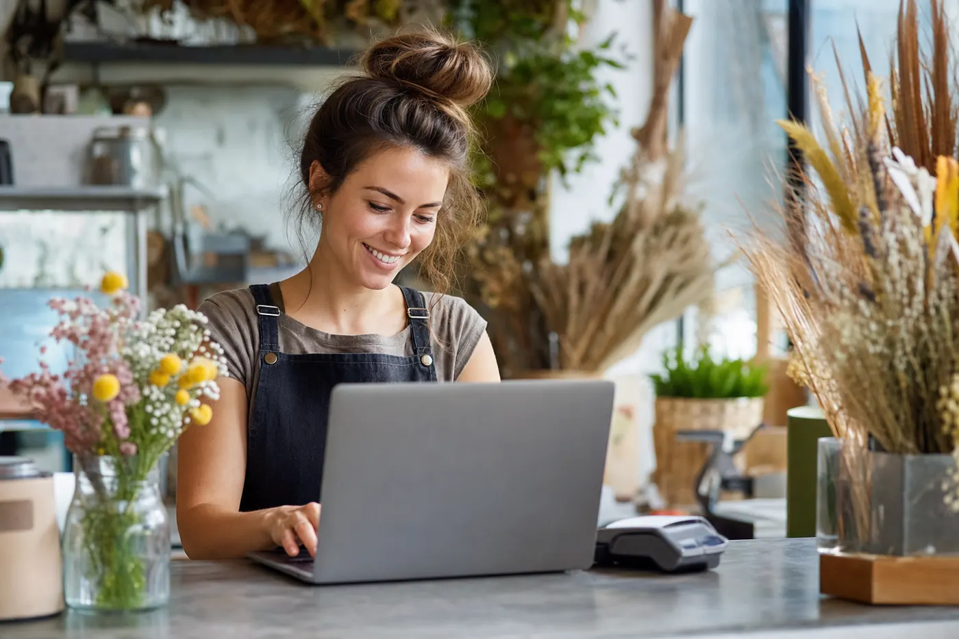 Shop owner reviewing her card takings on a laptop beside the card machine